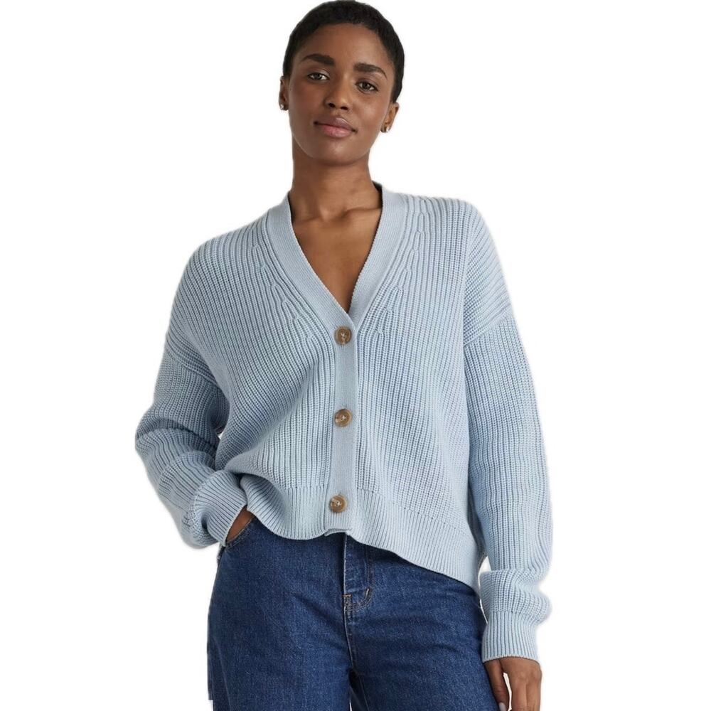 Quince Light Blue Ribbed V-Neck Button Cardigan
